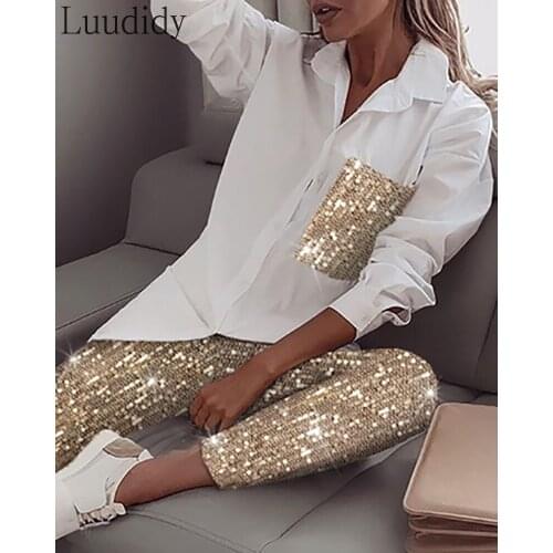 Women Glitter Sequin Long Sleeve Shirt & Glitter Shiny Pant Sets
