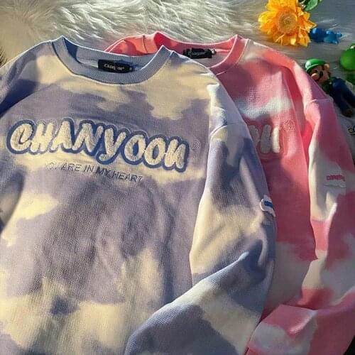 Original Design Tie Dye Clouds Letter Embroidery Sweatshirt Women Hip Hop Streetwear Long Sleeve Tops New Harajuku Teens Clothes