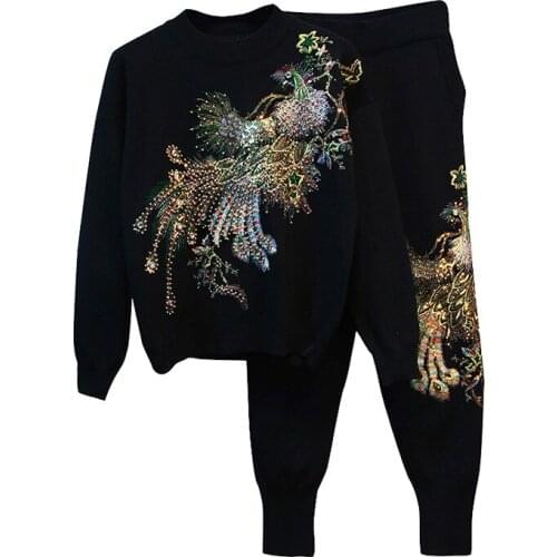 Red Pink Knitted Set Women Tracksuit Handwork Beading Embroidery Peacock Pattern Sweater Pants Outfits Female Loose Knitting 2pc
