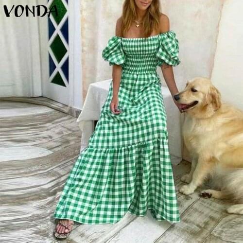 Women Evening Party Dress 2021 VONDA Sexy Short Sleeve Square Collar Plaid Maxi Dresses Beach Holiday Vestidos Robe
