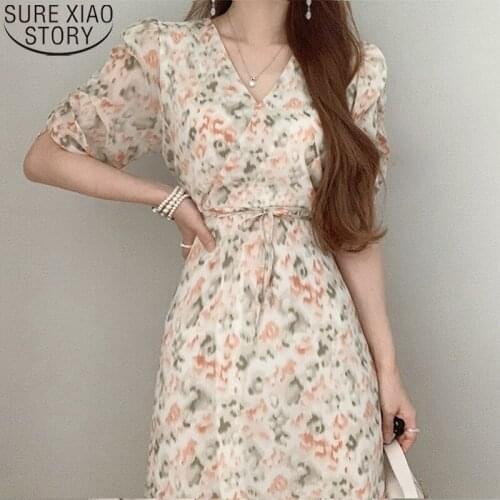 Floral Dress Women 2021 Summer Women Long Dress Vintage Chiffon V-neck Puff Sleeve Elegant High Waist Dresses Vestido 14534