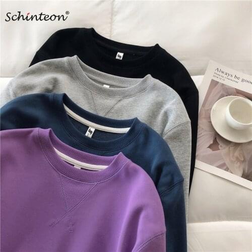 2021 Schinteon Women Casual Solid Color Hoodies Simple Sweatshirt Pullover O-Neck Spring Loose Top