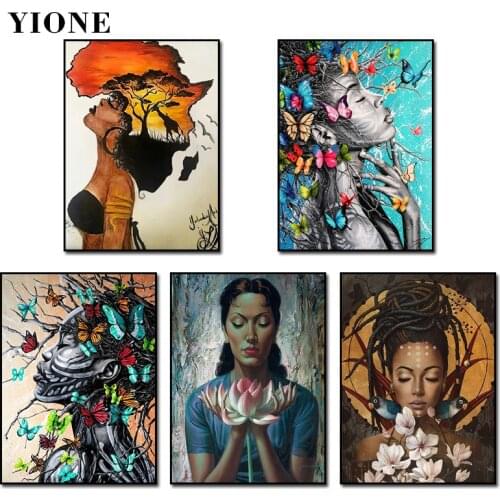 Abstract Art Woman Canvas Paintings Collection Tree Vine Butterfly Flower African Girl Poster Wall Pictures Print with Frame