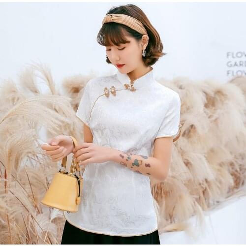 White Printed Blouse Elegant Cotton Chinese Women Mandarin Collar Shirt Novelty Short Sleeve Classic Handmade Button Tops