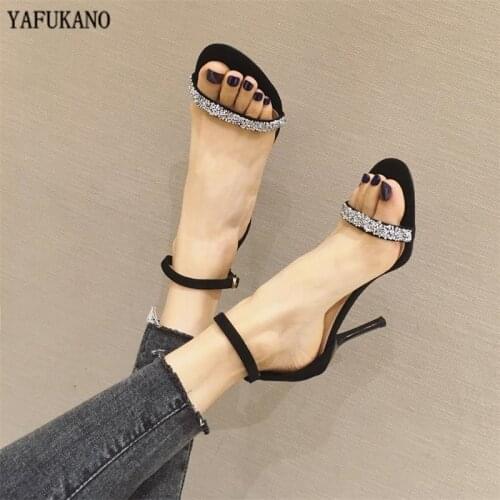 Women Sandals 2020 Summer Shoes Woman 7CM Thin Heels High Heels Faux Suede Rhinestone Narrow Strap Pumps Lady Wedding Sandals