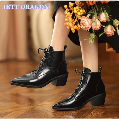 Fashion Leather Ankle Boots Women Spike High Heels Western Boots Lace Up Pointed Toe Autumn Winter Ladies Shoes