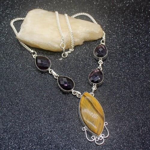 Fancy Natural Tigers Eye Purple Amethystt Silver Color Women Pendant Necklace Chain 18 Inch HD607