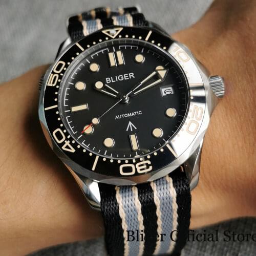 BLIGER Dress Simple Steel Automatic Men Watch 24 Jewels NH35 Movement Nylon Band Sapphire Crystal Rotating Insert