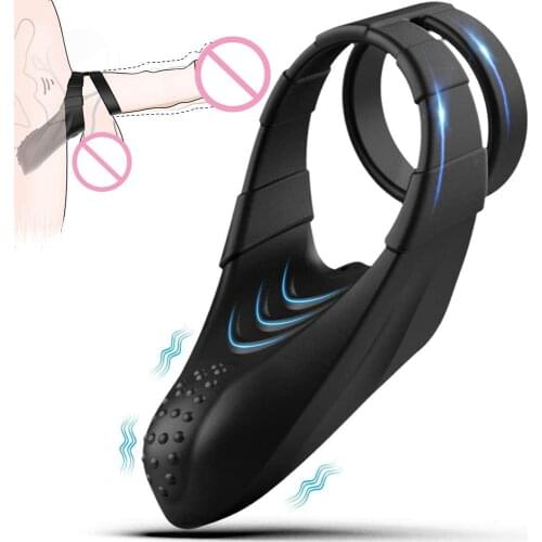 Vibrating Penis Ring Dildo Vibrator Stretchy Dual Cock Ring Longer Harder Erection Sex Toy for Man Masturbator Prostate Massager