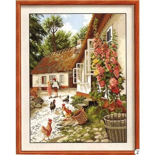 Fishxx Printed on Fabric Counted Chinese Cross Stitch Kits set Embroidery Needlework Home Landscape [farm small courtyard] rural