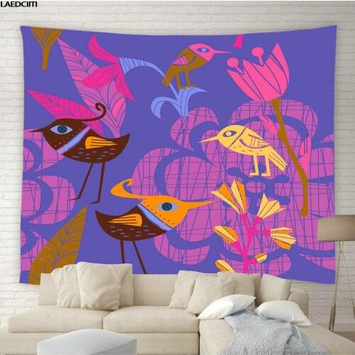 Love Bird Tapestry Hippie Hand Painted Plants Flowers Animals Color Background Wall Hanging Cloth Living Room Bedroom Home Decor