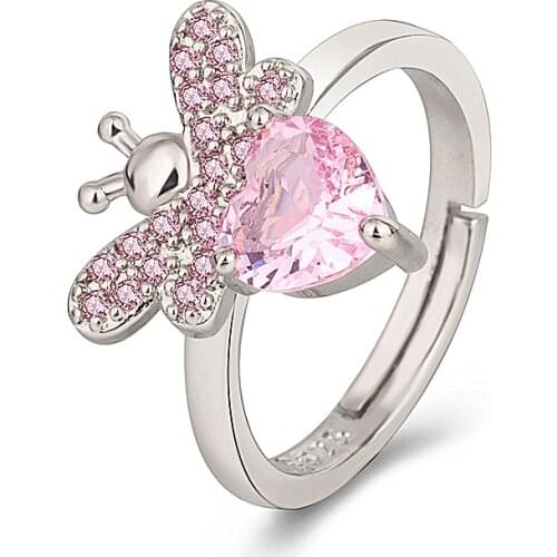 Sweet Cute Pink Crystal Bee Ring For Women Exquisite Elegant Female Wedding Silver Color Adjustable Finger Ring Fashion Jewelry