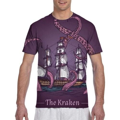 2020 Men T Shirt T-Shirt Summer Tops Tees Crew Neck tshirt Men Short Sleeve Shirt Kraken Monster Tentacles Attack Ship Print