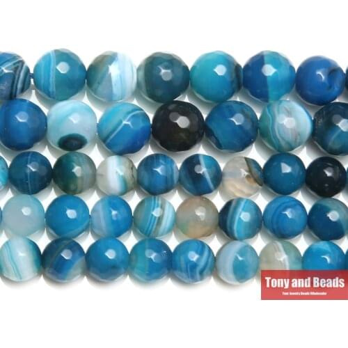 Natural Stone Faceted Blue Stripes Agates Round Beads