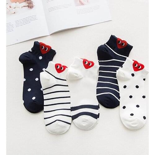5 Pairs/Set Women Socks Cute Ear Shallow Mouth Sock Cotton Girls Fashion Breathable Casual Funny Red Heart Pattern Short Sox