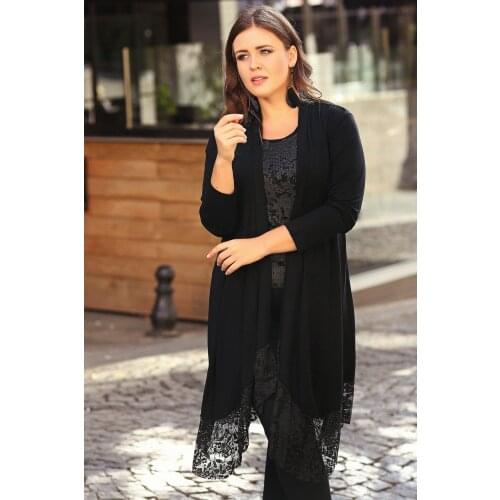 New Season Fashion Plus Size Lace Detailed Long Slevee Cardigan Natural Viscose Soft Elastic Fabric