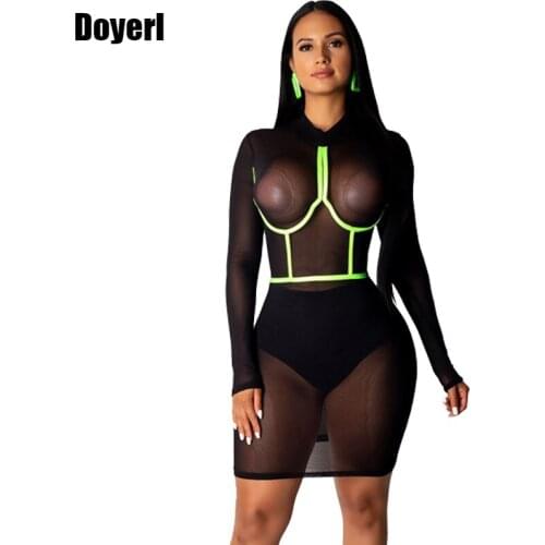 Autumn Long Sleeve Sexy Dress Woman Party Night Club Dress 2020 Elegant Transparent Mesh See Through Black Mini Bodycon Dress