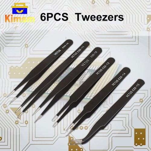 6PCS Stainless Steel Anti-static ESD Tweezers Round Tip Pointed Curved Tweezers Set For Repairing Precision Electronic Device