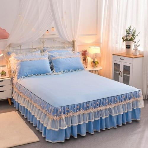 Blue Beige Pink Princess Lace Bedding Bed Skirt Pillowcases 1/3pcs Solid Color Bedspread Bedsheet Girls Bedcover Home Textile