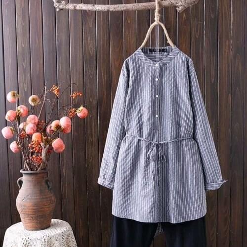 Plus Size XL-4XL Womens Long Sleeved Muslimah Blouse Ladies' Striped Long Tops Full Cotton Elegant Tops