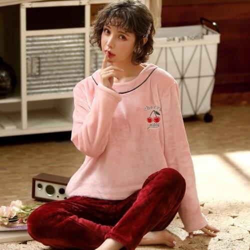Pink Cherry pejama set women Winter velvet night suit Soft Coral fleece Pajamas Warm Sleepwear Pijama Home Nightwear Pyjamas
