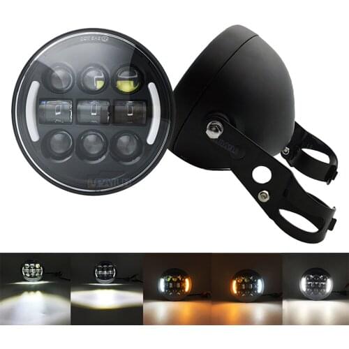 Universal 5.75 Inch Motorcycle Metal Projector DRL LED Front Headlight With Angel Eye 5 3/4" Housing Bucket Bracket Ring