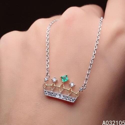KJJEAXCMY fine jewelry 925 sterling silver inlaid Natural emerald Womens fresh trendy crown gem pendant necklace chain support