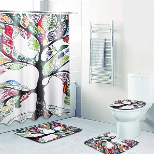 Tree Pattern Prints Bathroom Shower Curtain Non Slip Toilet Lid Cover Rugs Mat Bathroom Sets Polyester Fabric Bath Curtains