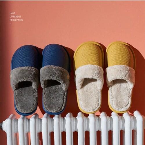 Women Winter Couple Slippers Female Waterproof Eva Leather Warm Fur Slippers Floor Shoes Soft Non-Slip Velvet Men Shoes 45