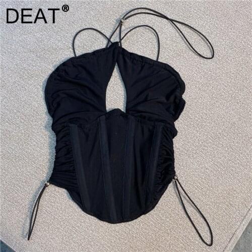 DEAT Women Black Sling Hollow Out Drawstring Camis New Arrrivals Sexy Temperament Fashion Spring Summer 2021 11D1777