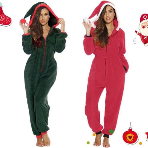 Women Casual Solid Zipper Hooded Jumpsuits Christmas Clown Hat Home Garden Plush Loose Female Jumpsuits Autumn Winter U3
