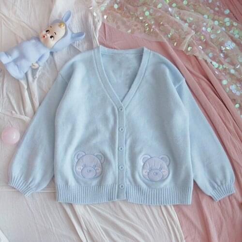 2021 Japanese Preppy Style Spring Autumn Women Sweater Blue Bear Animal Knitted Outerwear Cute Kawaii Mori Girl Sweet Cardigan