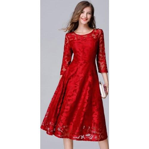 TAOYIZHUAI autumn new arrival long lace dress vintage style o neck big size two color fit and flare empire waist women dress