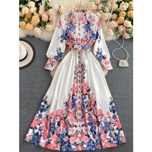 LY VAREY LIN 2021 New Autumn Floral Print Dresses Women Turn Down Collar with Belt Single Breasted High Waist A Line Slim Dress