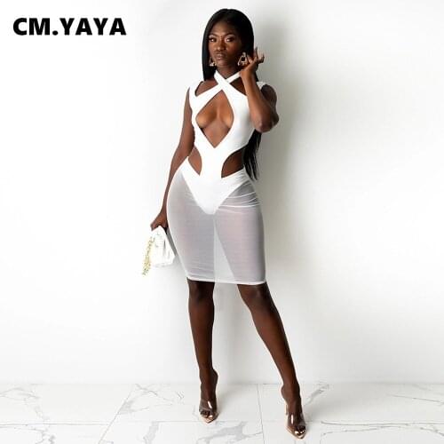 CM.YAYA Women Dress Mesh Patchwork Sleeveless Halter Cut Out Strechy Bodycon Mini Dresses Sexy Night Clubwear Summer Outfits