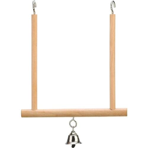 1pc Birds Perch Parrot Play Toys Stand Holder Natural Wooden Cage Hanging Swing with Bell 18x12.5cm