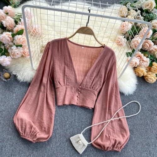 SINGREINY Women Korean Blouse Elegant Solid V Neck Puff Sleeve Slim Short Tops Autumn Fashion Streetwear Blouses 2021