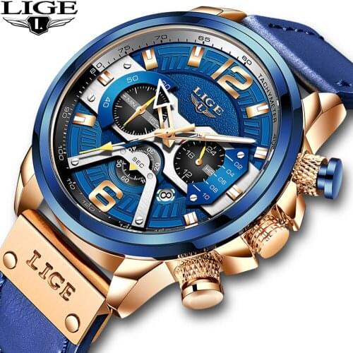 LIGE Casual Sport Watches for Men brown Top Brand Luxury Military Leather Wrist Watch Man Clock Fashion Chronograph Wristwatch