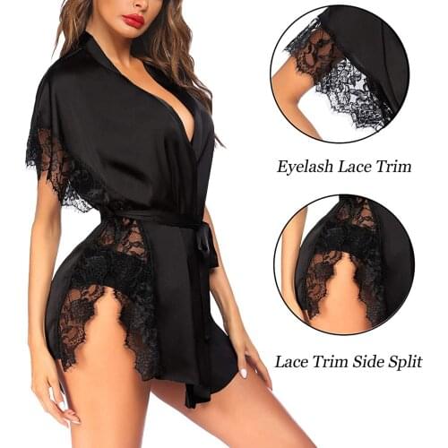 Women Solid Nightgowns Side Split Lace Patchwork Robe with Waistband Short Sleeve Silk Sleepshirts Nightdress S-XXL