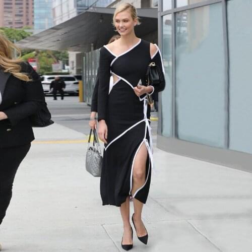 Elegant Lace Up Cut Out Black Bandage Femme Vestido Dress White Striped Daring Side Slit Long Sleeve Midi Sheath Club Dress