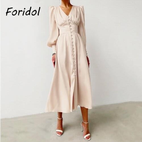Foridol Lantern Sleeve Satin Vintage Long Dress Women Button Up Elegant Maxi Silk Dress Party Dress Spring Autumn Ladies Dress