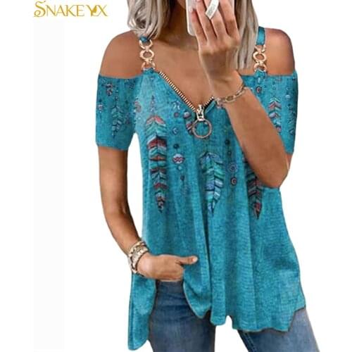 SANKE YX Graphic T Shirts Womens Feather Printed Metal Strap Zipper Strapless Short Sleeve Plus Size Soft Comfortable Shirt