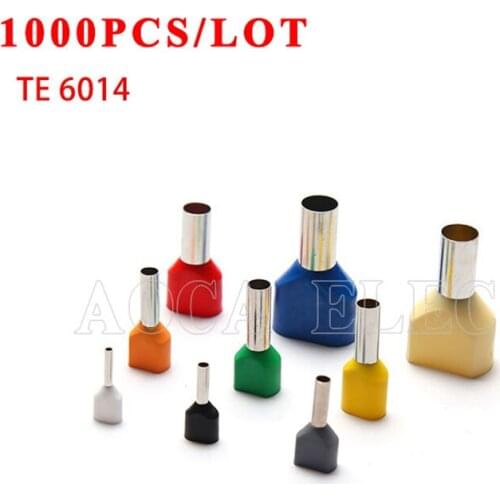 1000PCS Copper TE6014 two double European pin shaped terminal pressure wire pre insulated pipe 2*6 square