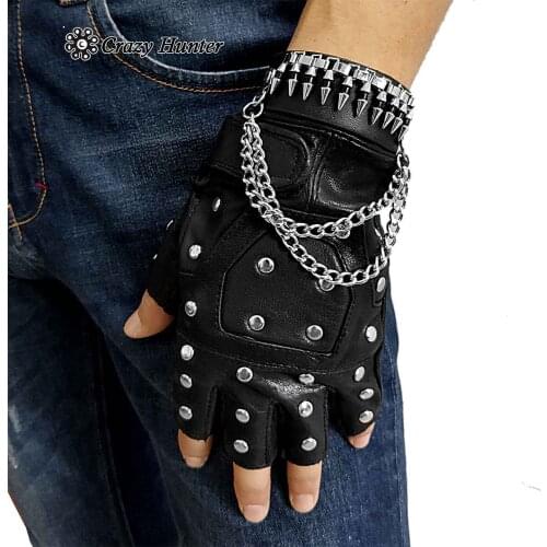 Full Rivets Punk Rock Leather Pair Fingerless Biker Gloves For Men