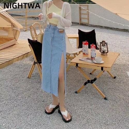 NIGHTWA 2021 Retro Long Summer Denim Skirts Women High Waist Button Pockets Split Jeans Straight Plus Size Maxi Denim Skirts