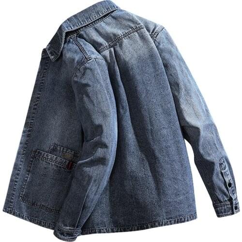 New mens denim long sleeve shirt jacket Spring and autumn classic fashion plus size loose top 100% cotton two pocket slim shirt