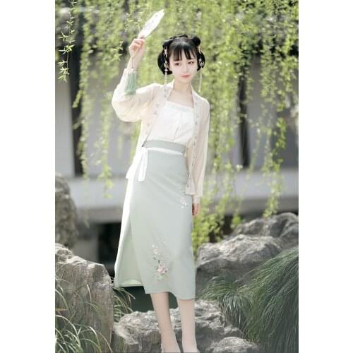 Original Design Peony Flower Embroidery Womens Chinese Style Hanfu 3PCS Set: Trench + Vest + Long Skirt Good Quality