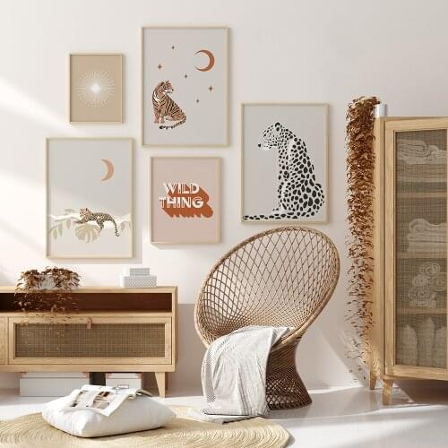 Boho Posters and Prints Moon Sun Leopard Canvas Painting Wall Art Print Mid Century Nursery Poster Wall Pictures Home Decoration