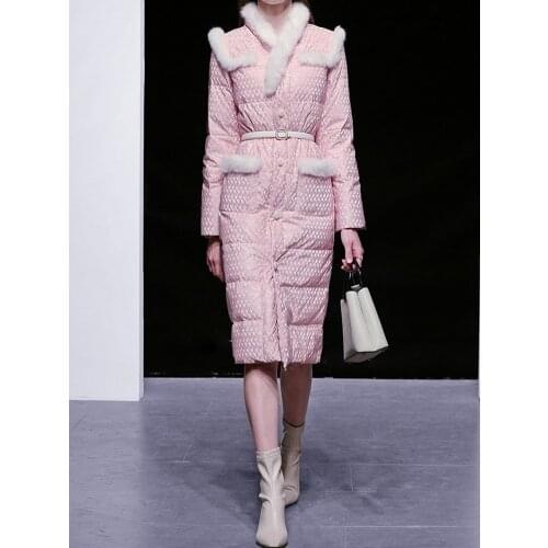 White Rabbit Fur Splicing Pink Down Jackets 2021 Winter Slim Single Breasted Pink Jacquard Down Coats Long White Duck Down Coats