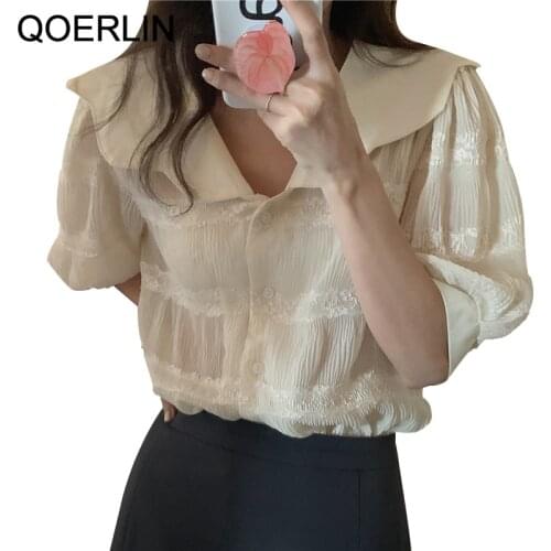 QOERLIN Korean Fashion Gentle Peter Pan Collar Lace Loose Shirt Women Short Sleeve Summer Clothes Korean Ladies Oversized Blouse